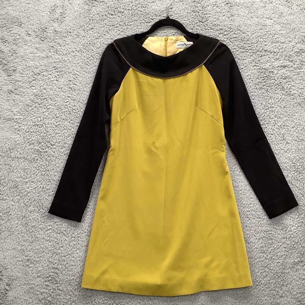 Alina Marti Paris Dress Small Yellow Black Shift Long Sleeve Mini Made In France